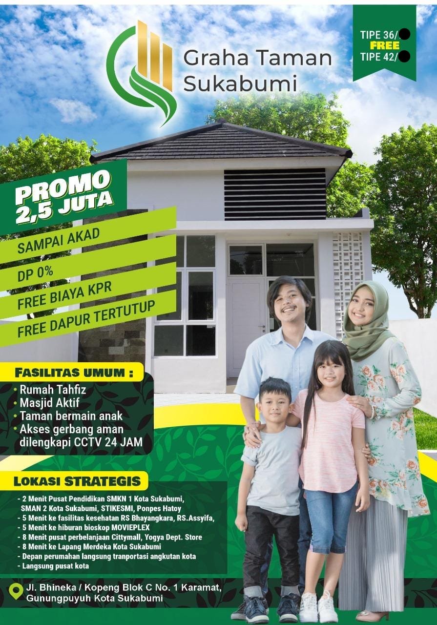 Rumah Hunian Aman dan Nyaman di Pusat Kota Sukabumi. Cicilan tanpa Bank dengan DP 0%.