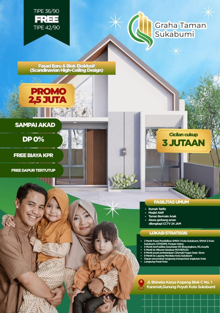 Rumah Hunian Aman dan Nyaman di Pusat Kota Sukabumi. Cicilan tanpa Bank dengan DP 0%.